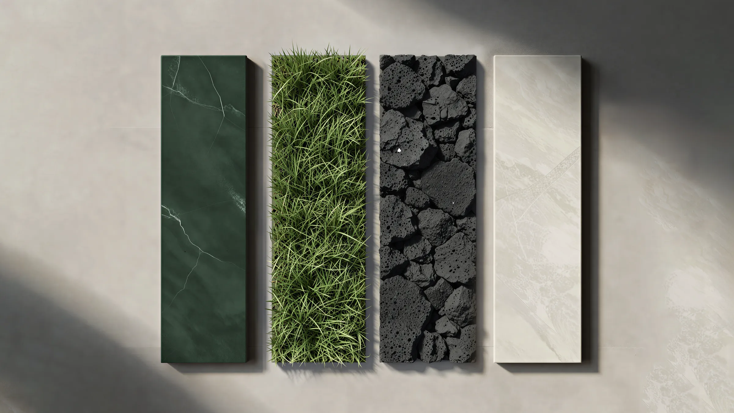 Palette reference materials: green marble, grass, black volcanic stone, light marble