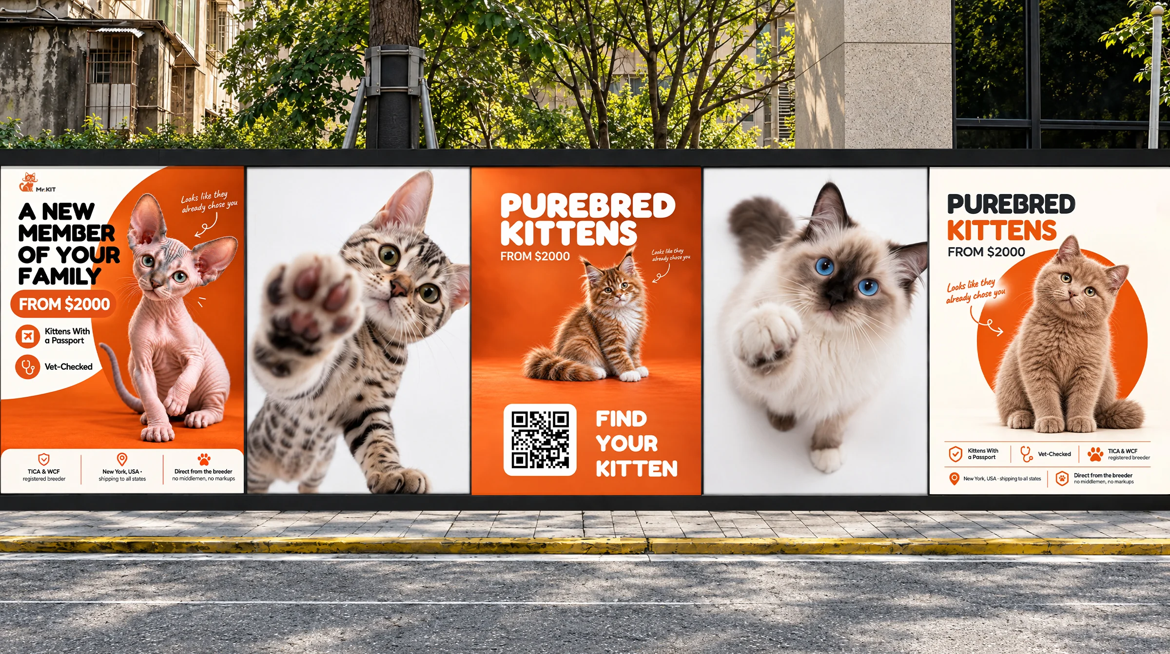 Уличные постеры Mr.KIT: «A new member of your family», «Purebred kittens from $2000», «Find your kitten» с QR-кодом